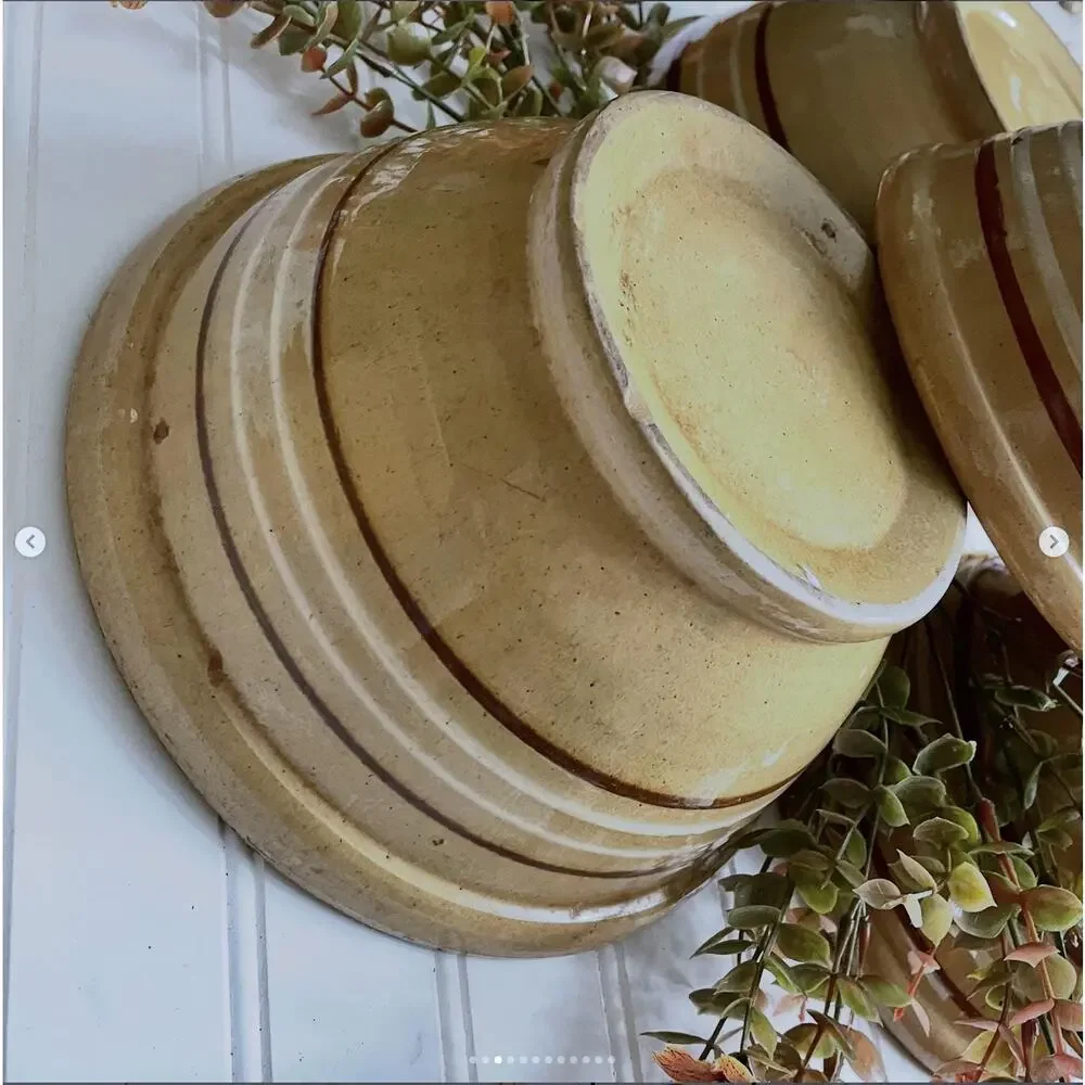Antique 1930s Yellowware Stoneware Nesting Mixing Bowl White Brown Stripe Set x4